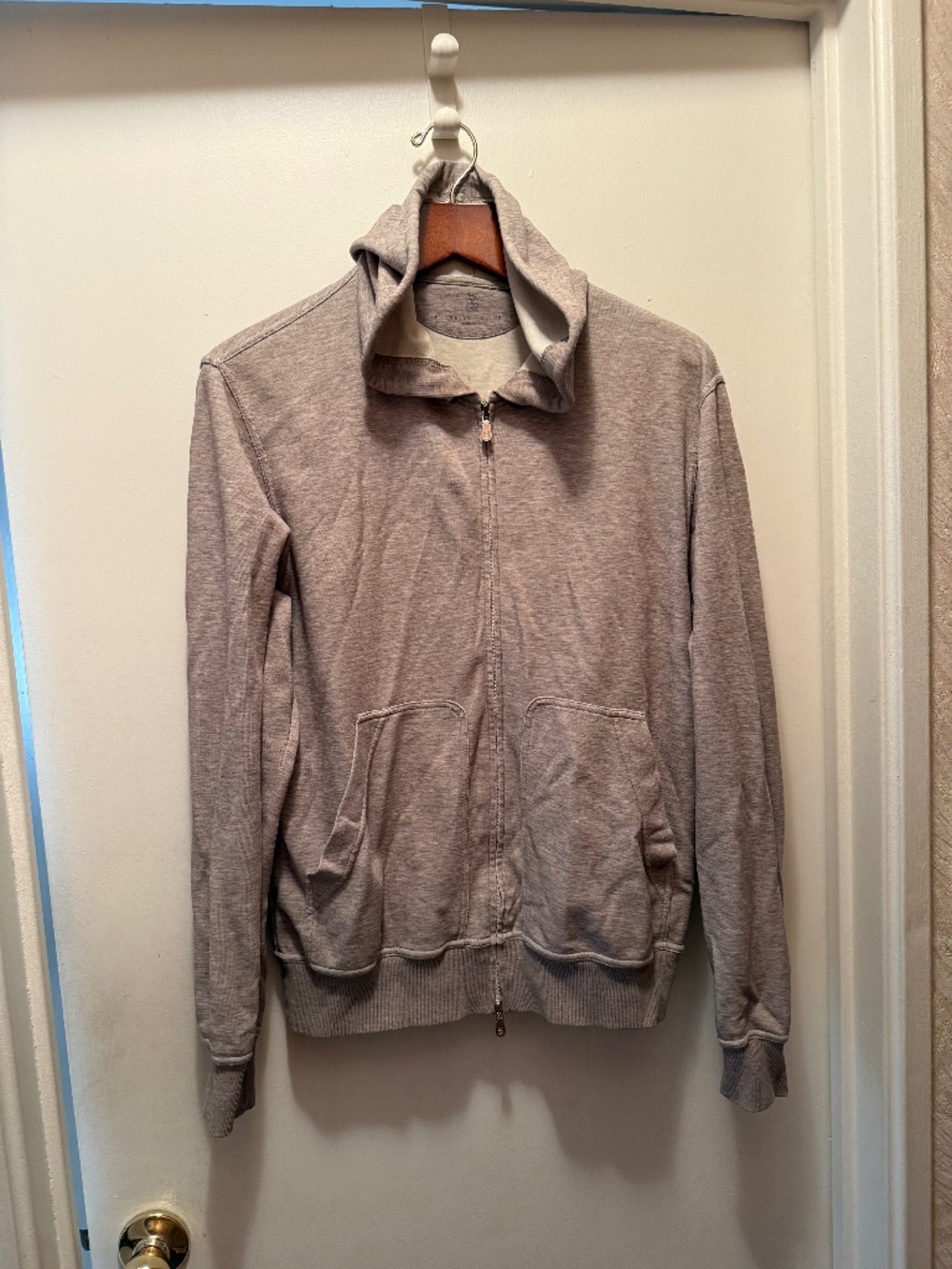 Brunello Cucinelli - Two-Way Full Zip Sand Jersey Hoodie - Men Size Medium M